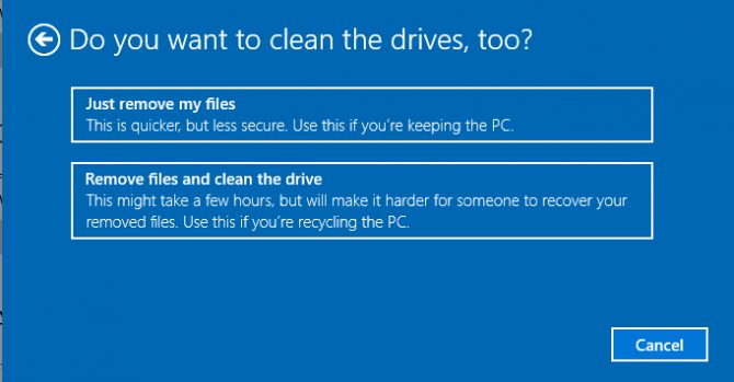 Clean Drives Options Win 10 Reset