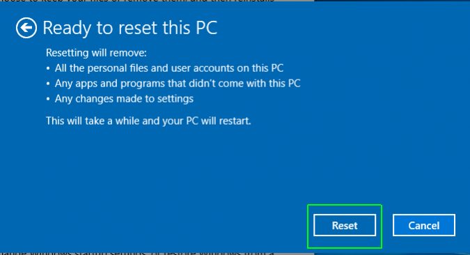 Step 9 of the Windows 10 reset procedure