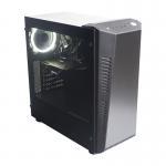 Contour L08 PC gaming chassis with tempered glass side, view of built up PC with LED fan, looking through the glass side panel
