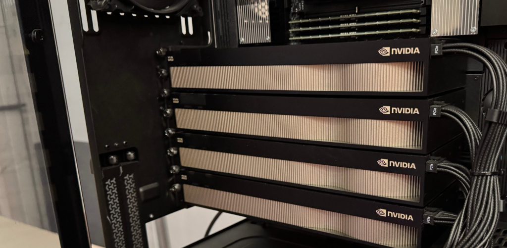 Four NVIDIA RTX PRO 6000 Blackwell Max-Q graphics cards installed in a Punch Technology quad-GPU workstation